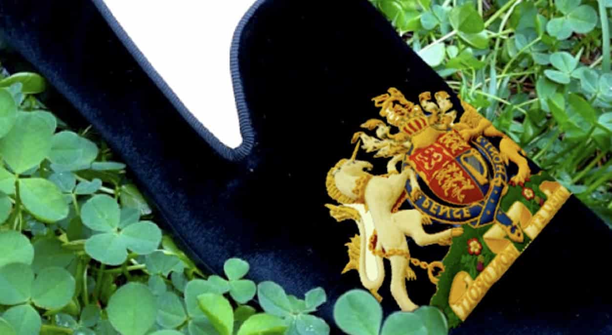 Logotipo de la fraternidad estudiantil bordado en un par de pantuflas.