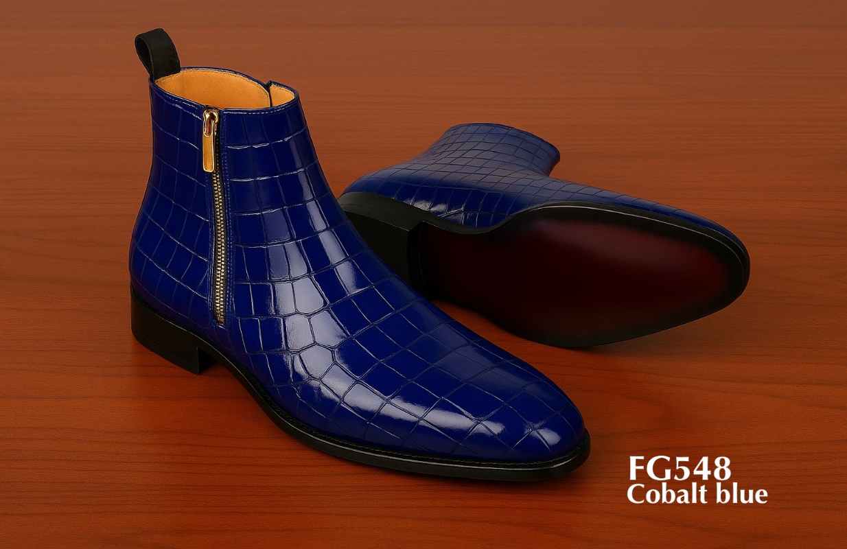 Bottes Chelsea Chukka dealer en cuir croco bleu cobalt